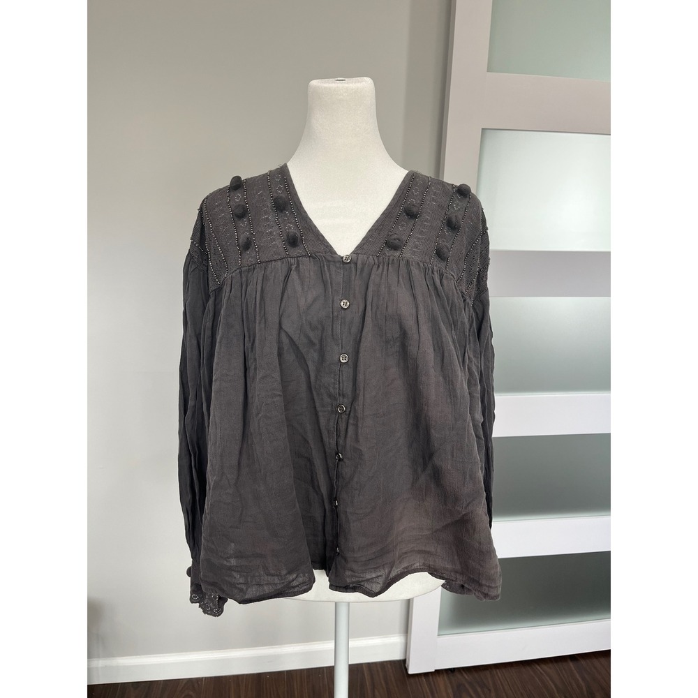 ZARA TRF Collection Gray Long Sleeve Boho Pom Pom Beaded Button Up Blouse‎ Top